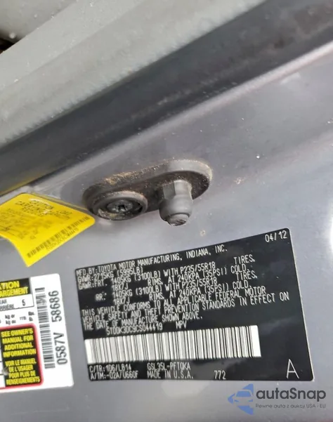 2012 Toyota Sienna Xle из США, поврежденный, VIN 5TDDK3DC9CS044419